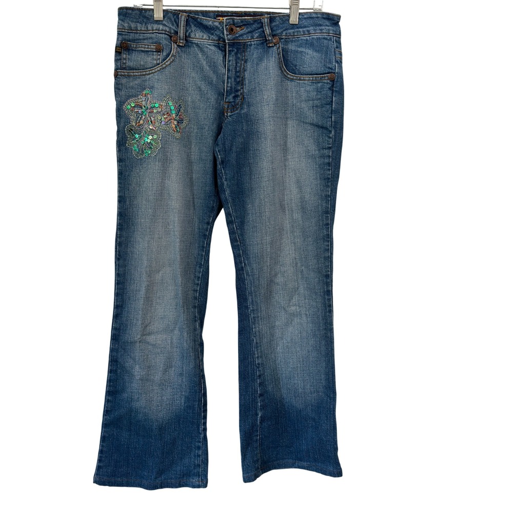Crest Jeans Flare Denim Y2K Blue Cotton Sequin Floral Embroidered Size 9/10